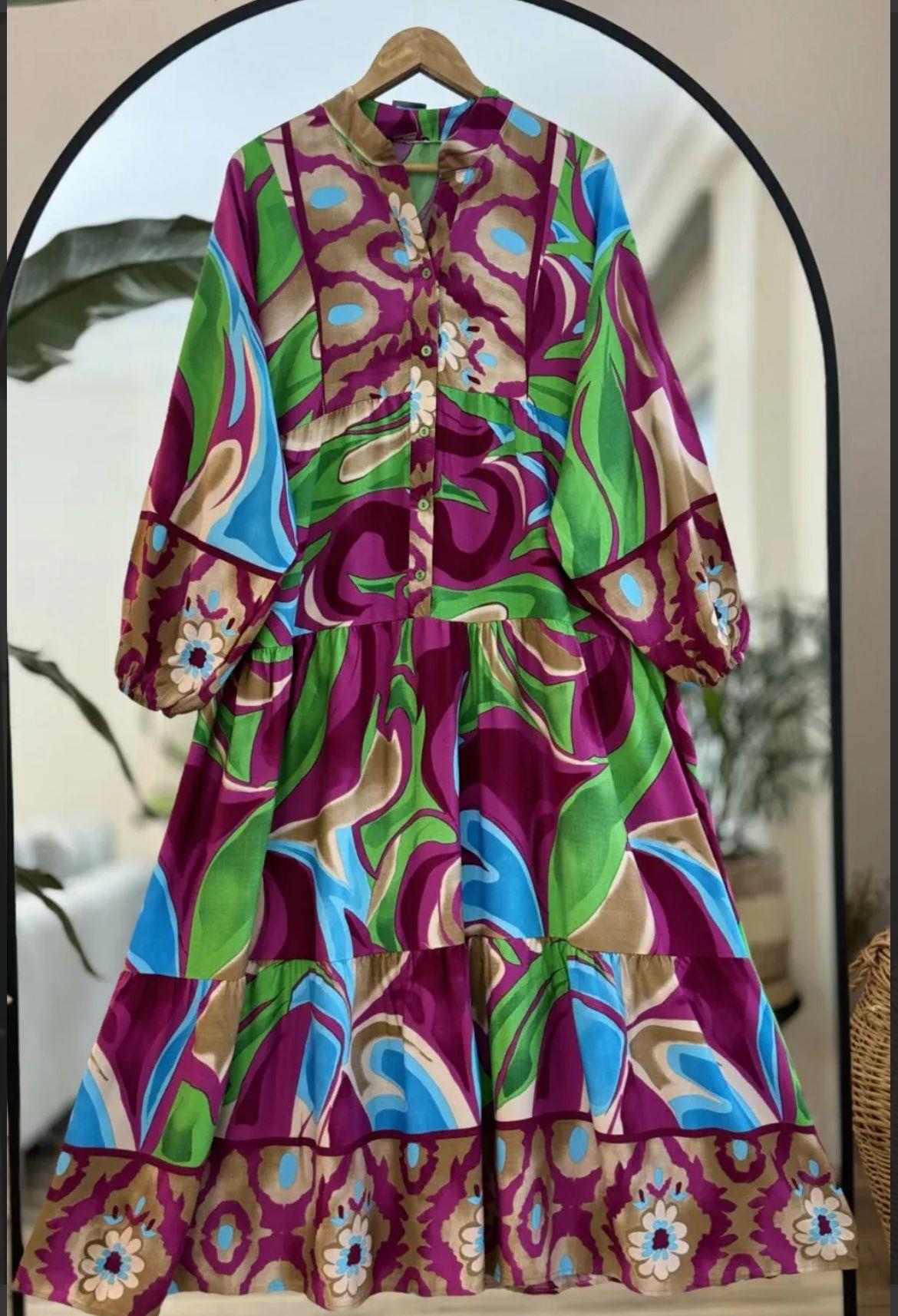 Bordo Pastel Desen Viskon Elbise