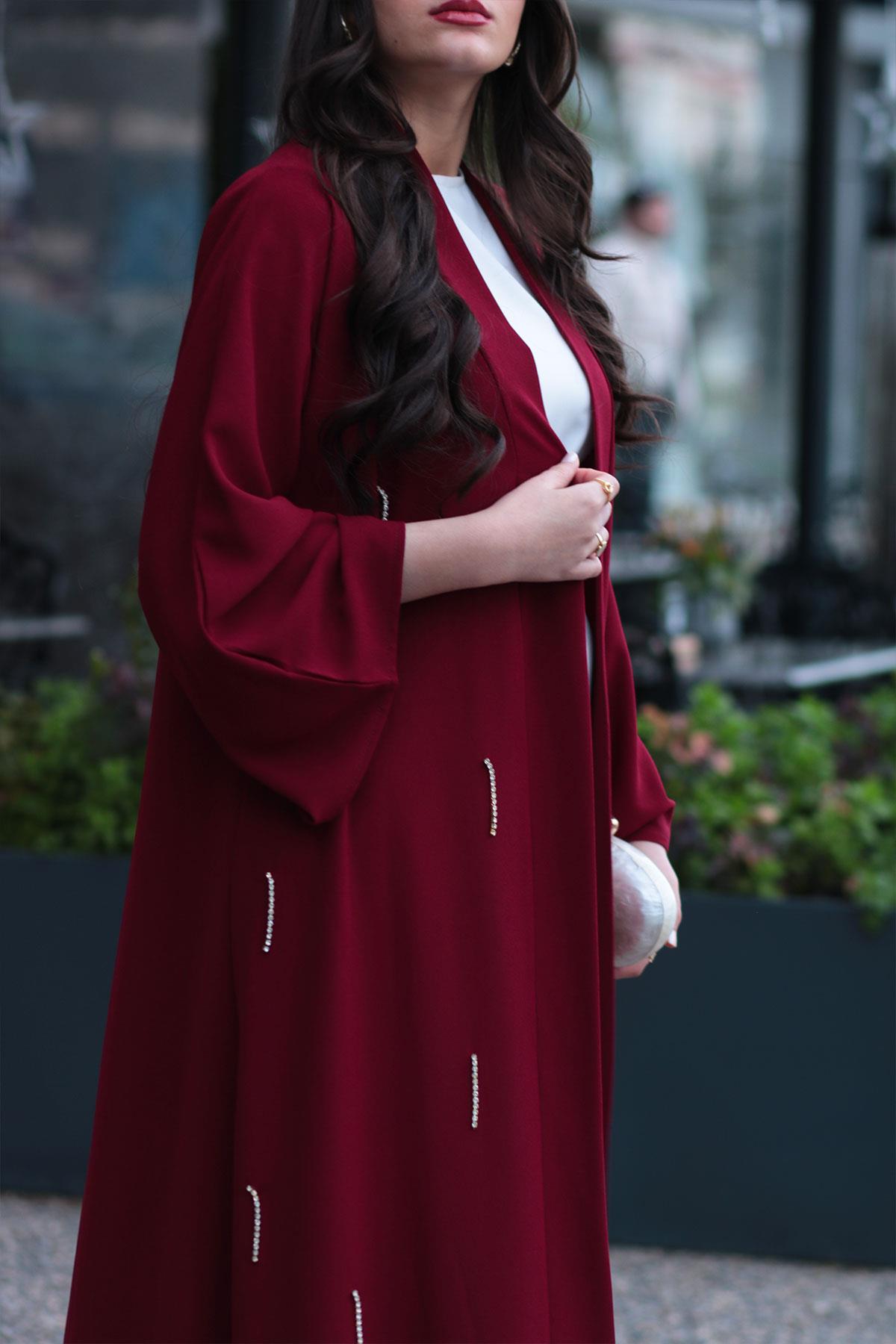 Bordo Taşlı Abaya 