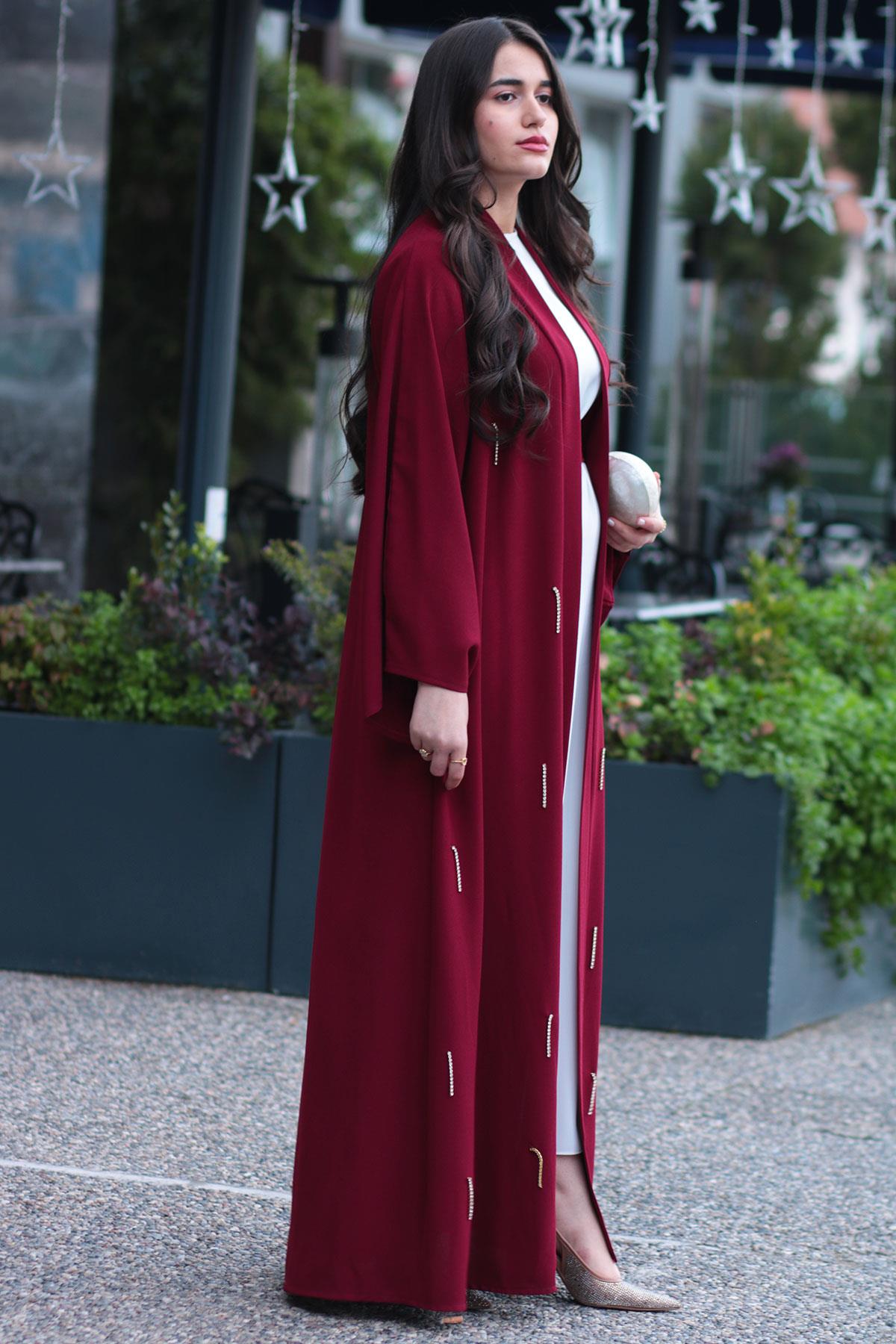 Bordo Taşlı Abaya 