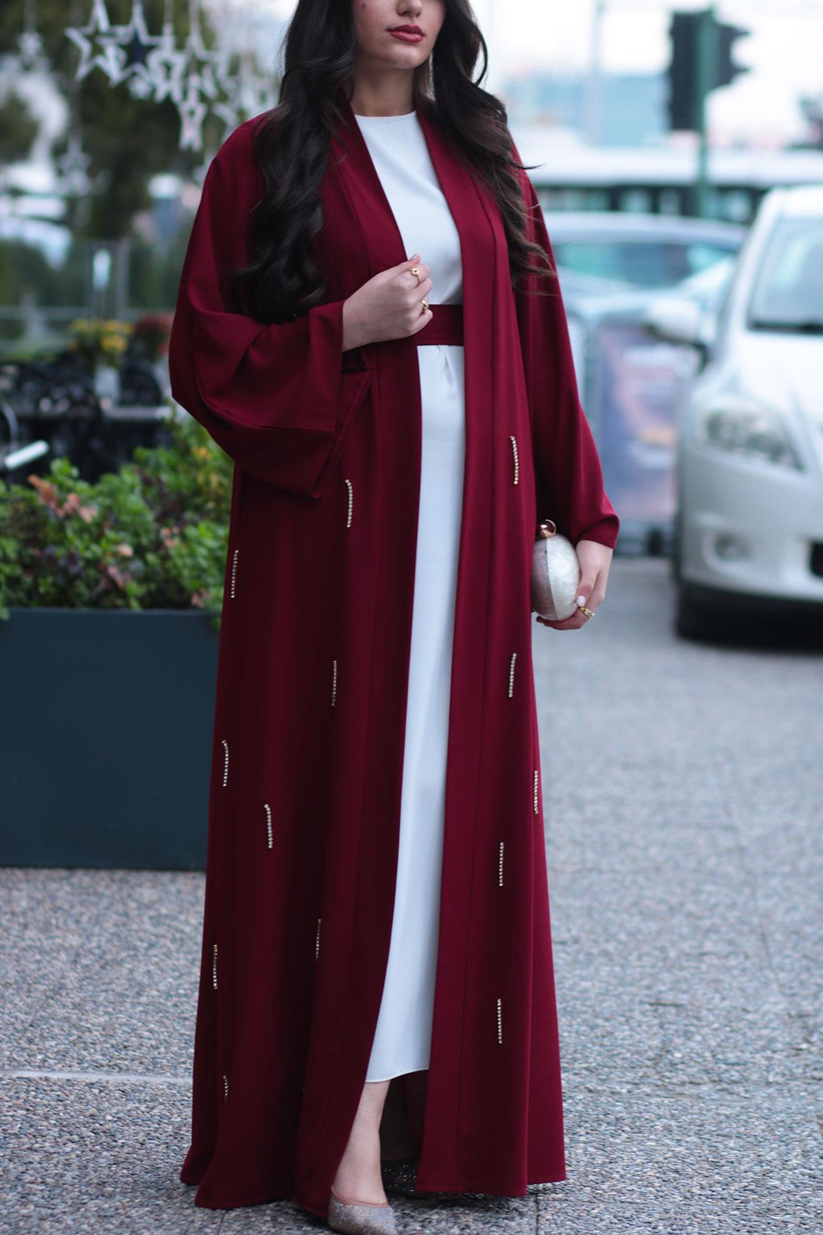 Bordo Taşlı Abaya 