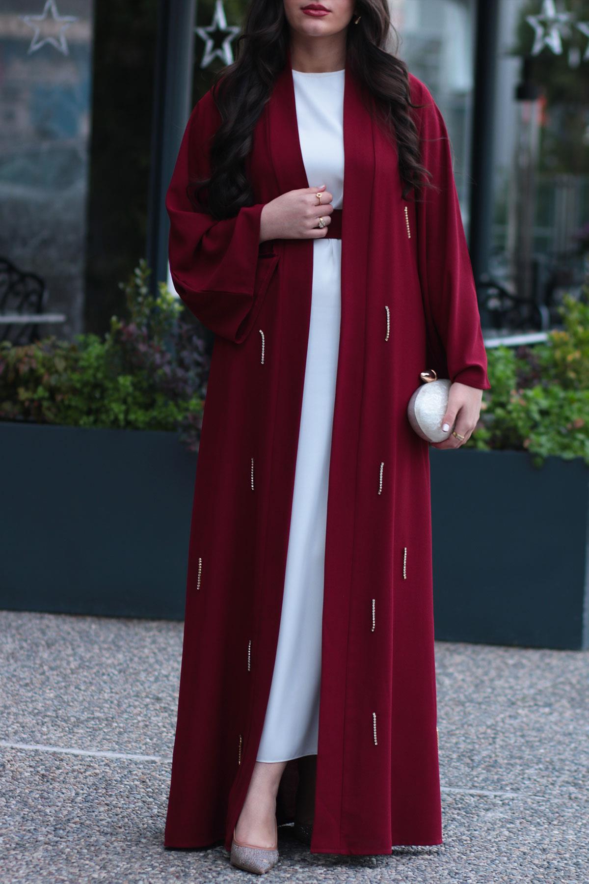 Bordo Taşlı Abaya 