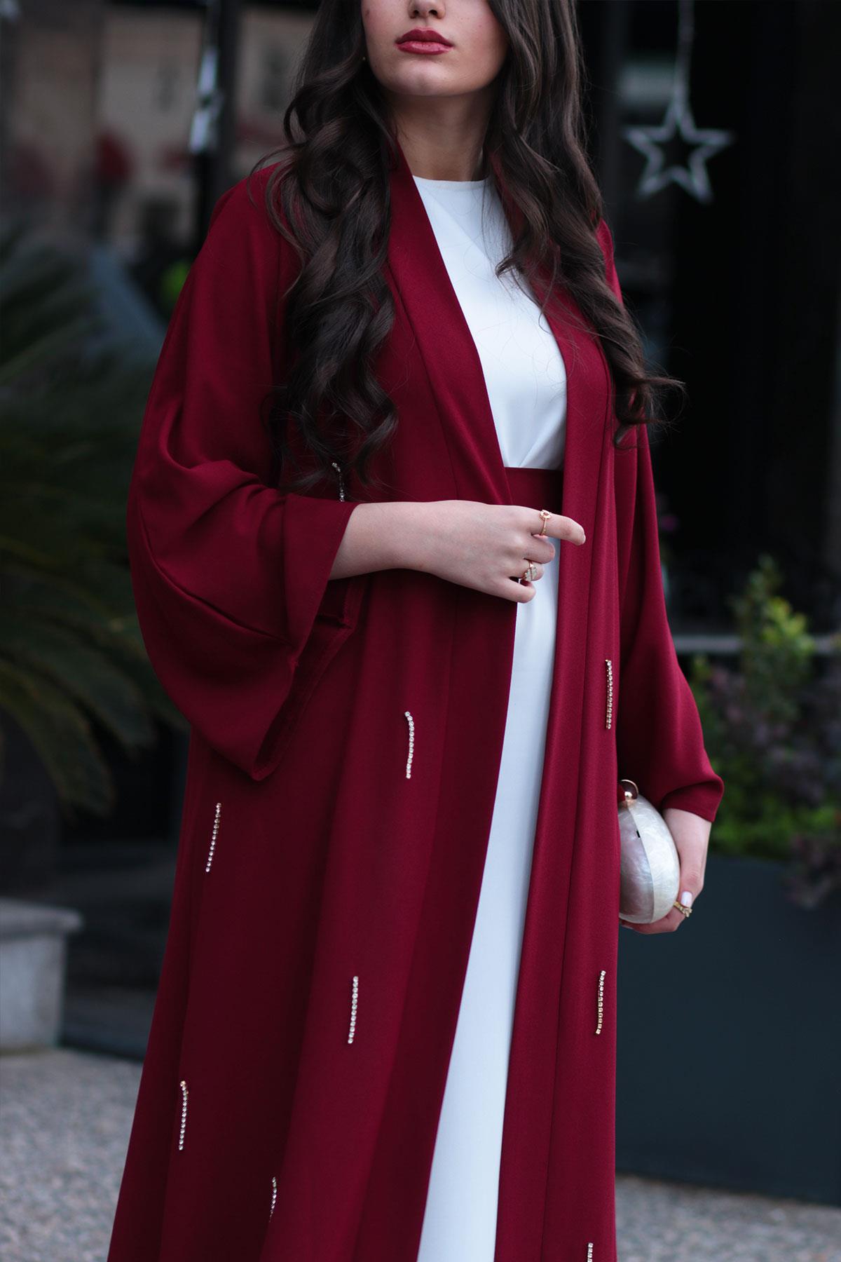 Bordo Taşlı Abaya 