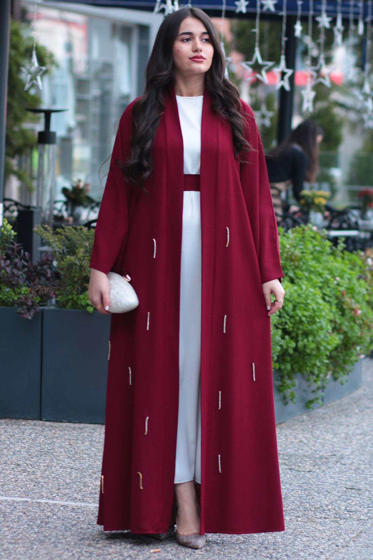 Bordo Taşlı Abaya 