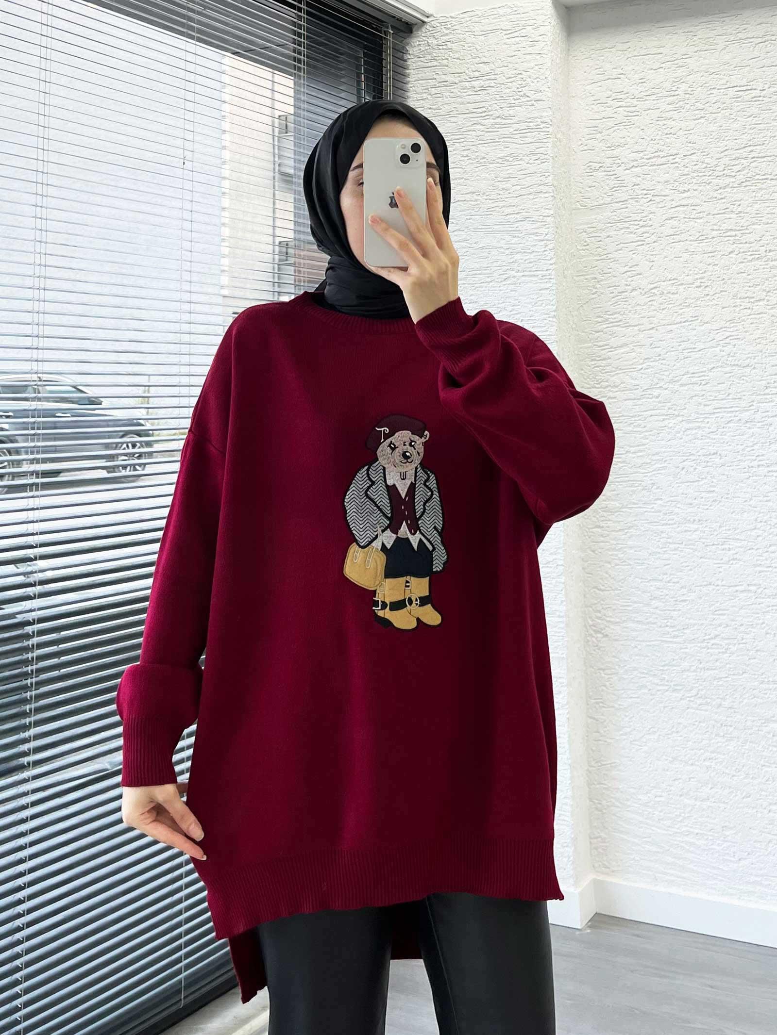 Bordo Teddy Nakışlı Oversize Kadın Kazak 