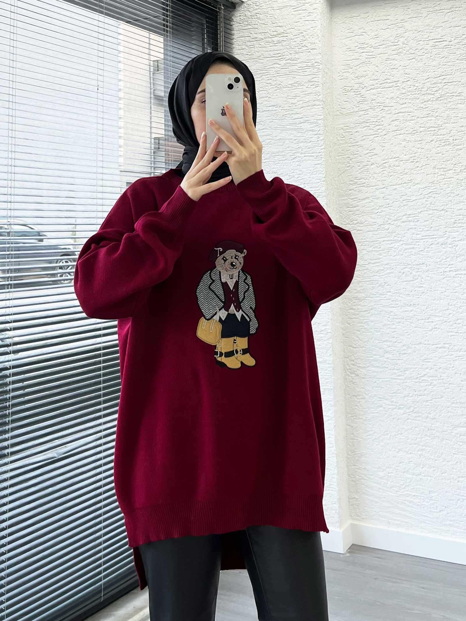 Bordo Teddy Nakışlı Oversize Kadın Kazak 