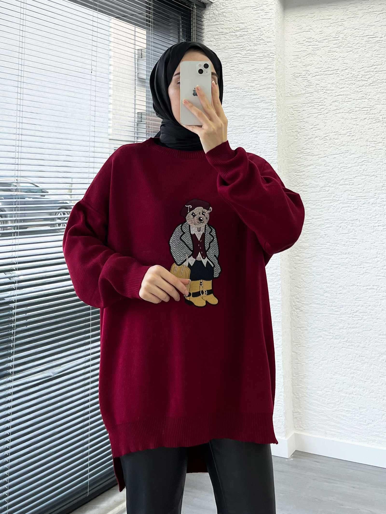 Bordo Teddy Nakışlı Oversize Kadın Kazak 