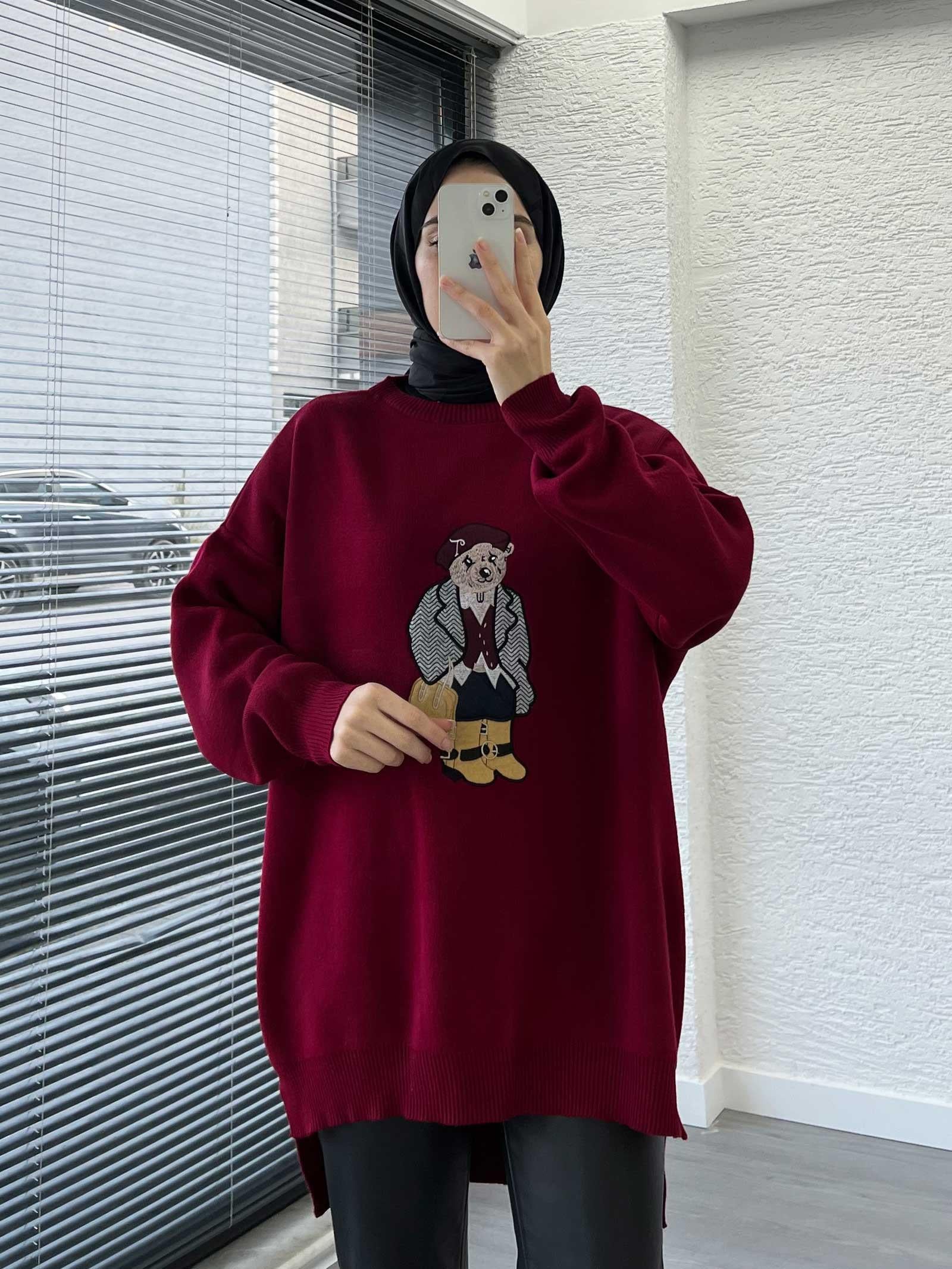 Bordo Teddy Nakışlı Oversize Kadın Kazak 