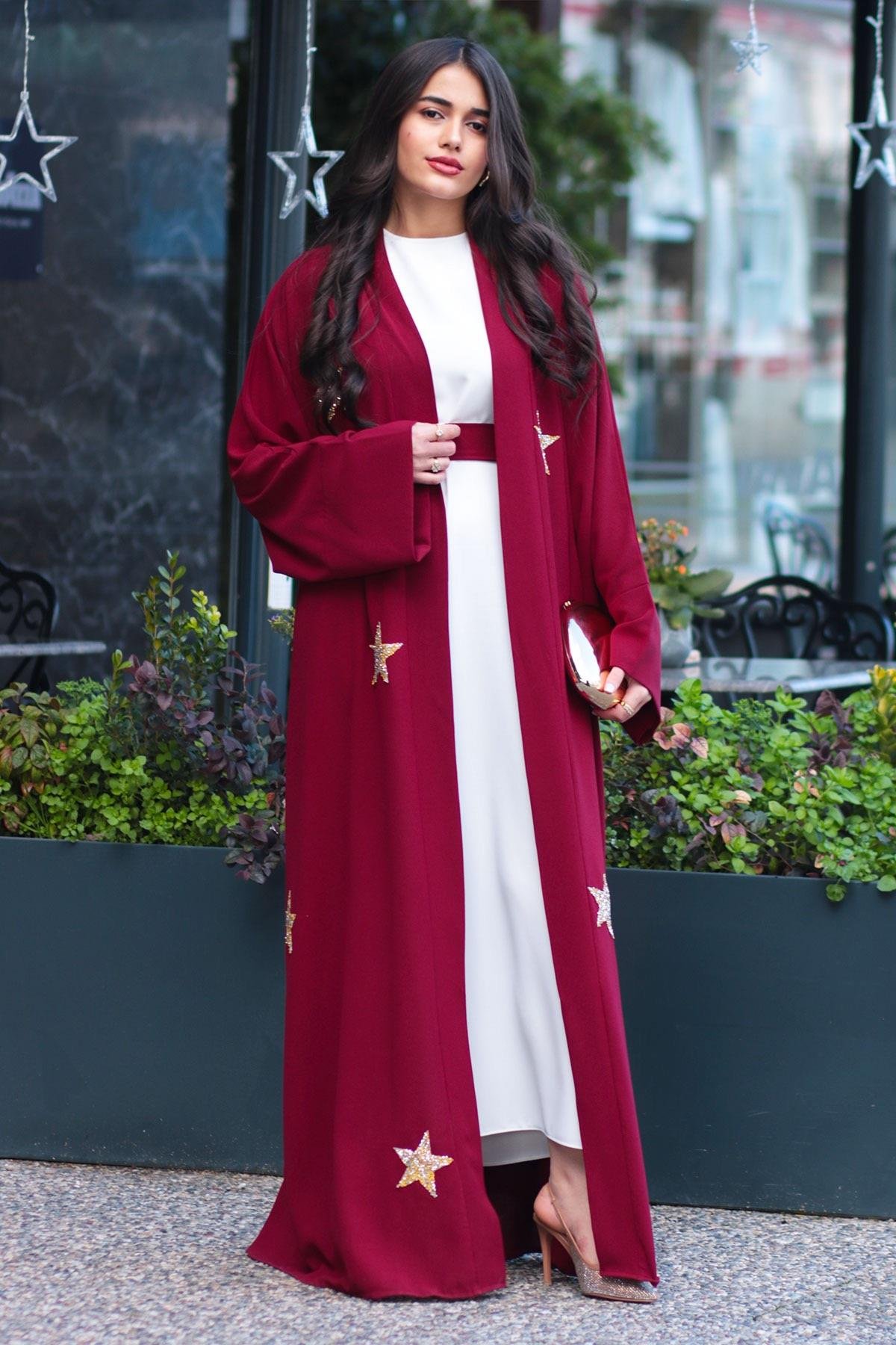 Bordo Yıldız Detaylı Abaya 