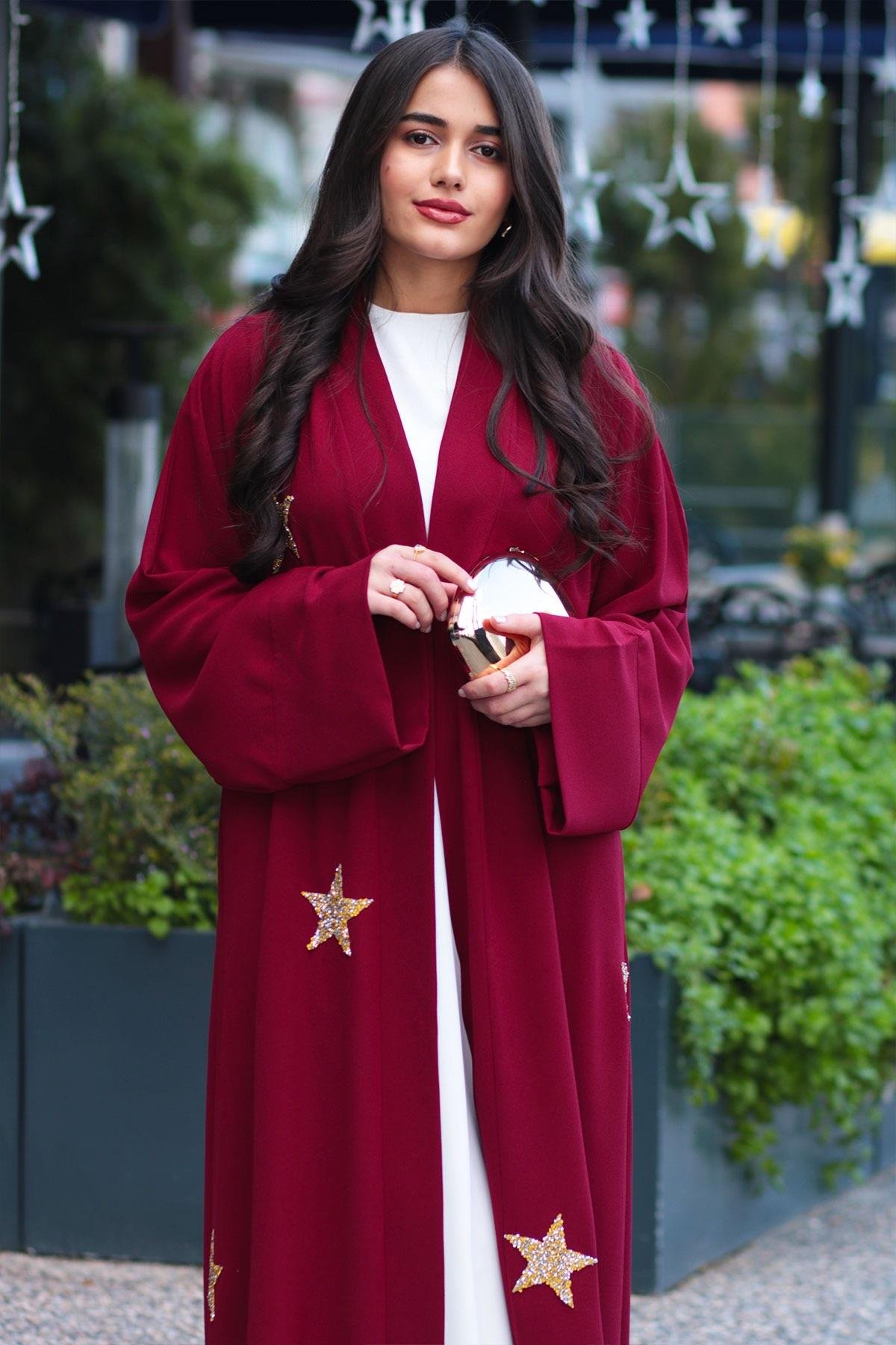 Bordo Yıldız Detaylı Abaya 