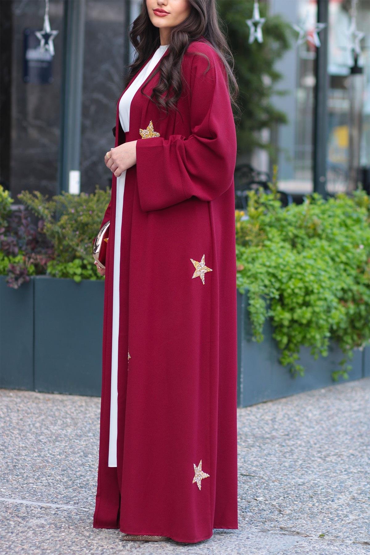 Bordo Yıldız Detaylı Abaya 