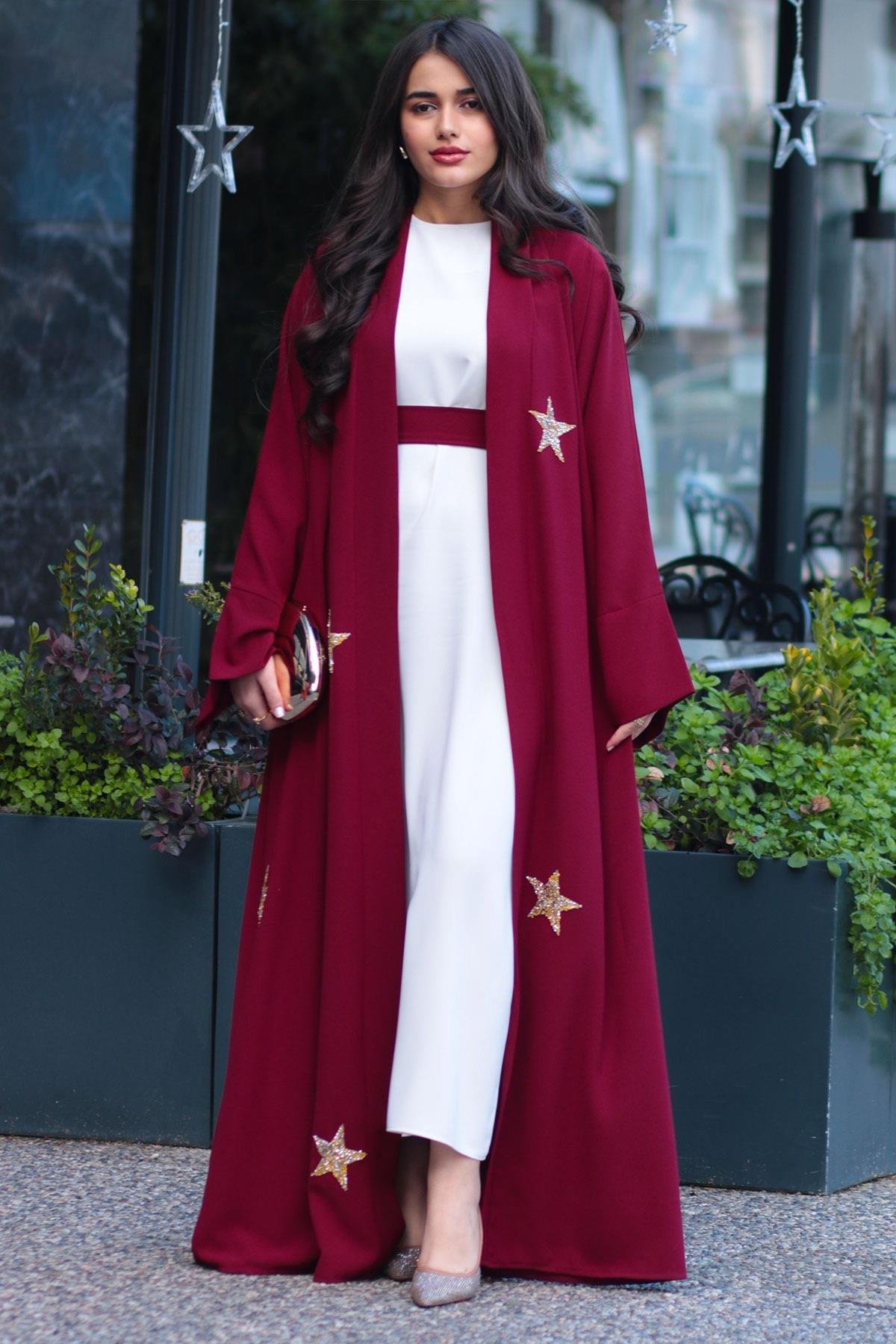 Bordo Yıldız Detaylı Abaya 