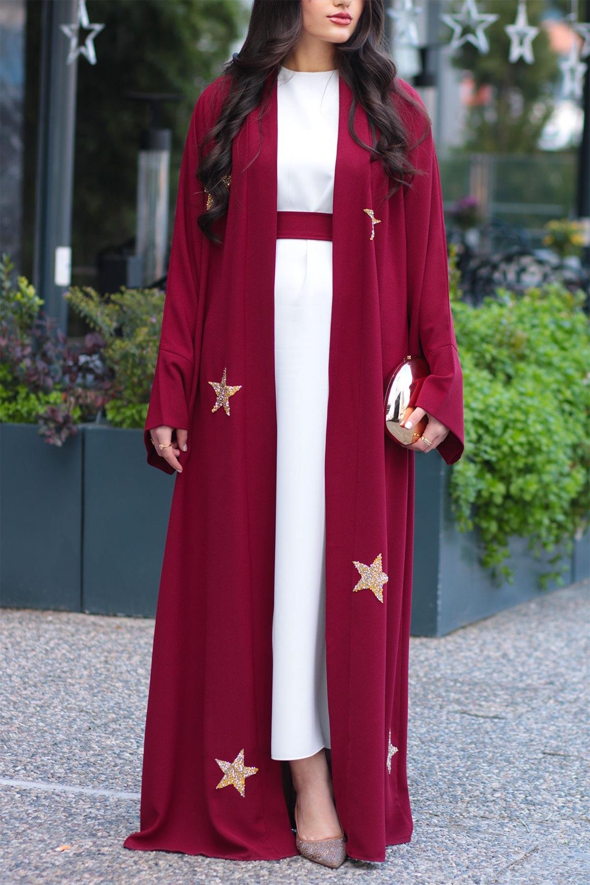 Bordo Yıldız Detaylı Abaya 