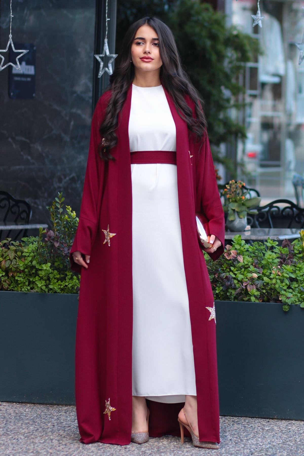 Bordo Yıldız Detaylı Abaya 