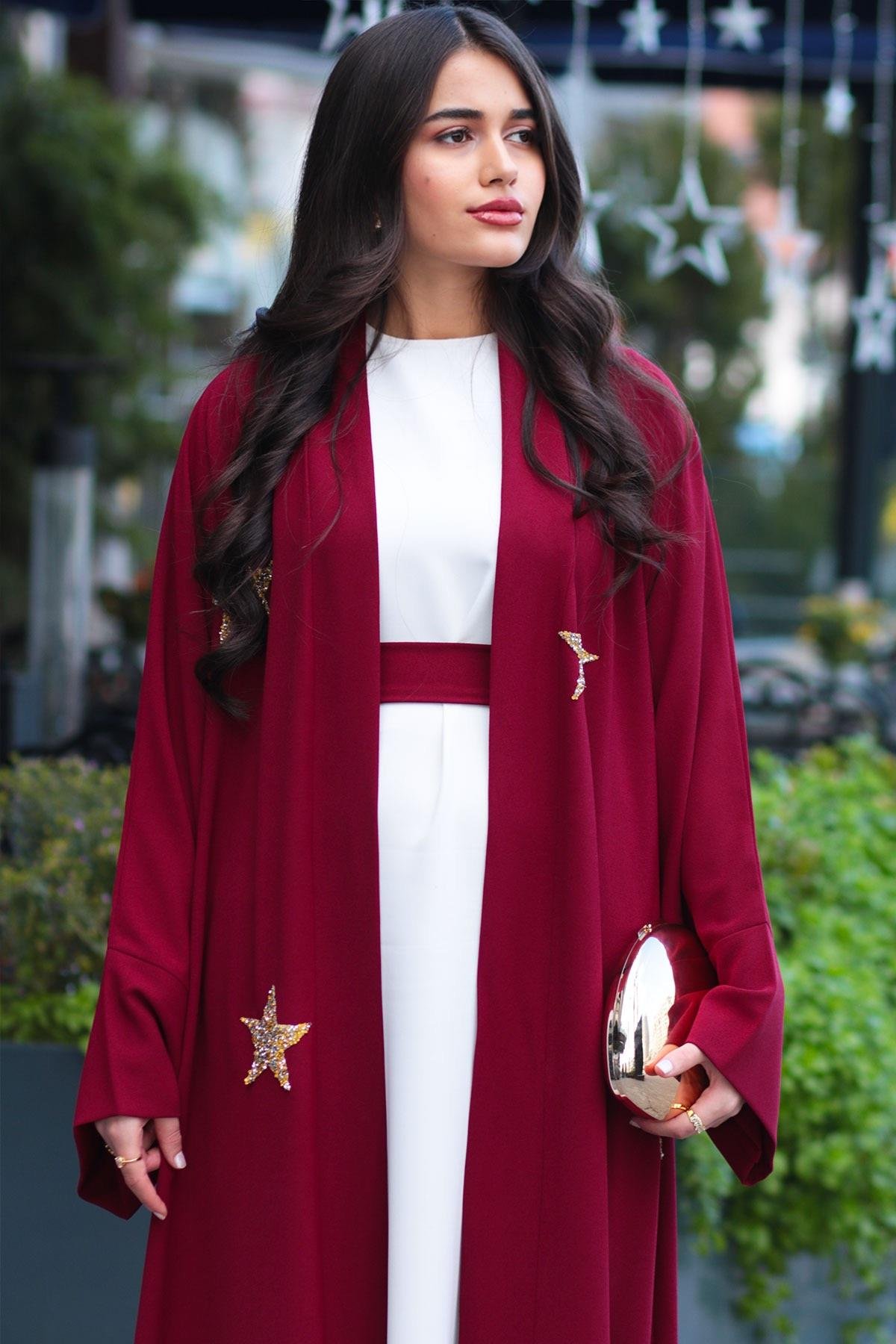 Bordo Yıldız Detaylı Abaya 