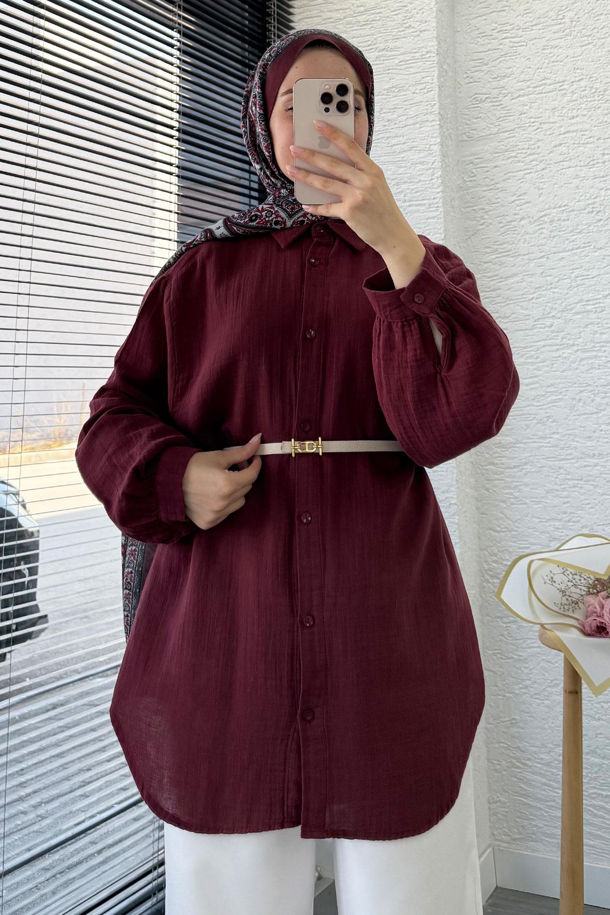 Boydan Düğmeli Oversize Müslin Tunik – Bordo