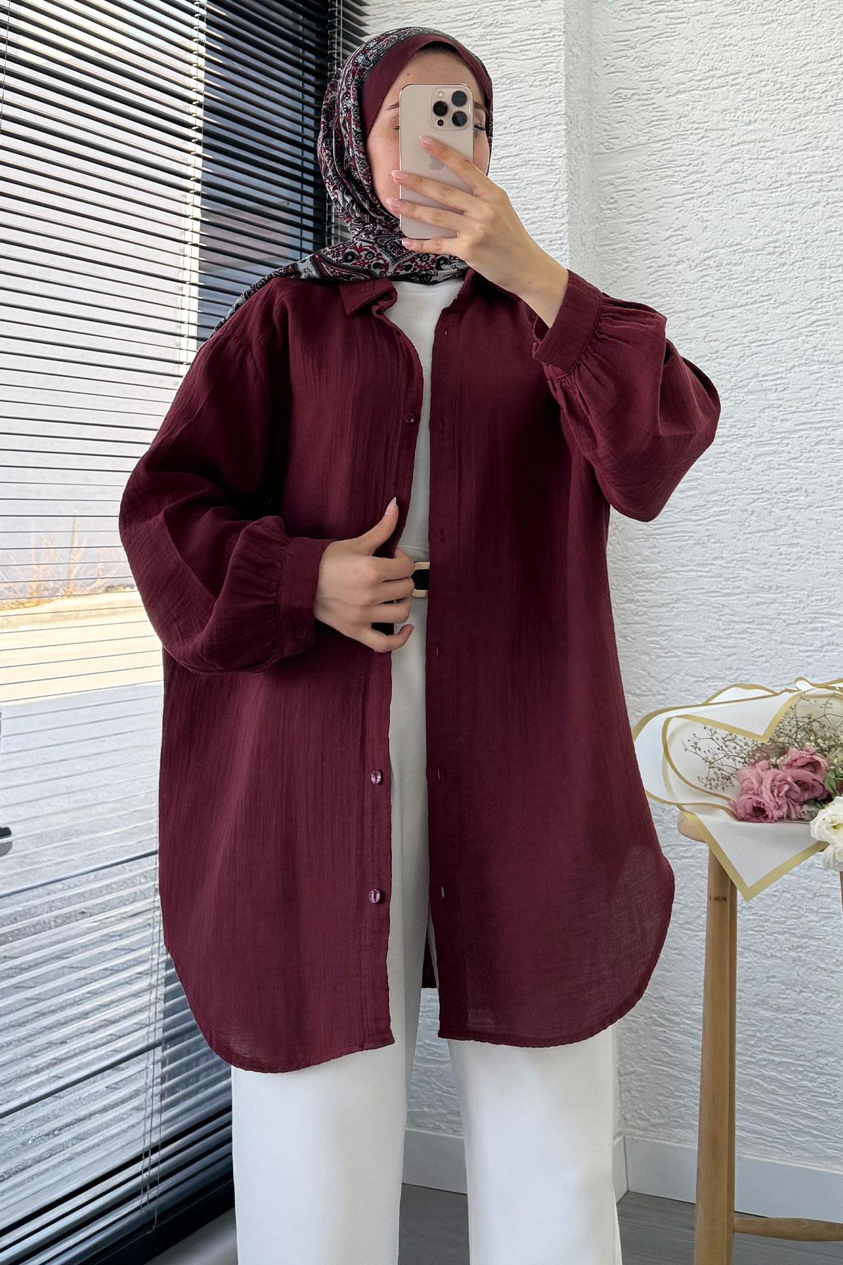 Boydan Düğmeli Oversize Müslin Tunik – Bordo