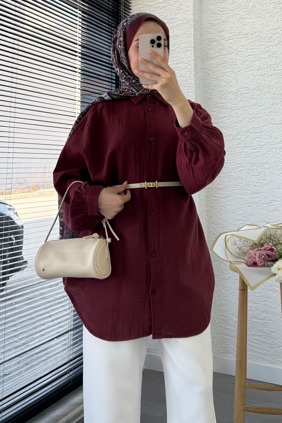 Boydan Düğmeli Oversize Müslin Tunik – Bordo