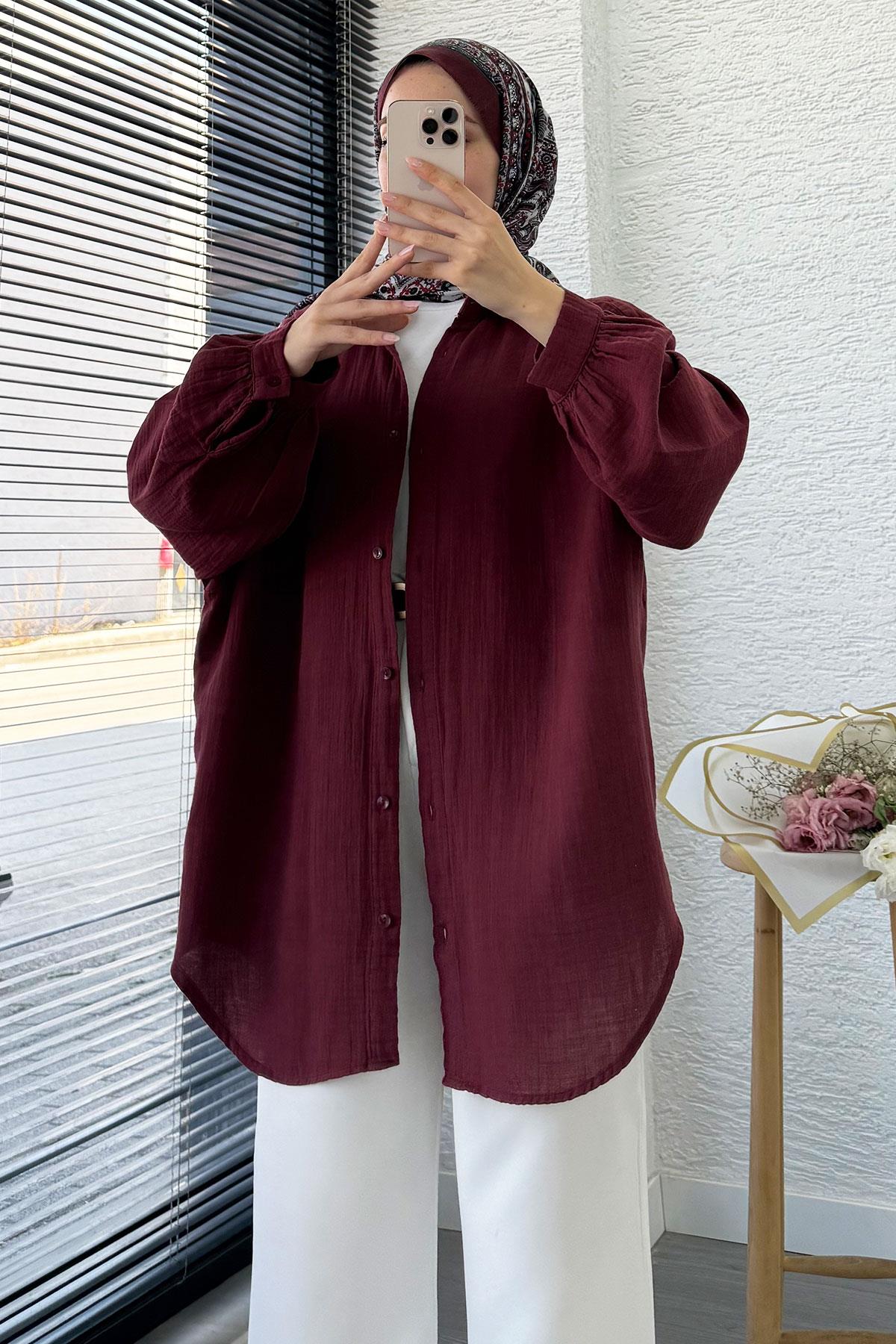 Boydan Düğmeli Oversize Müslin Tunik – Bordo