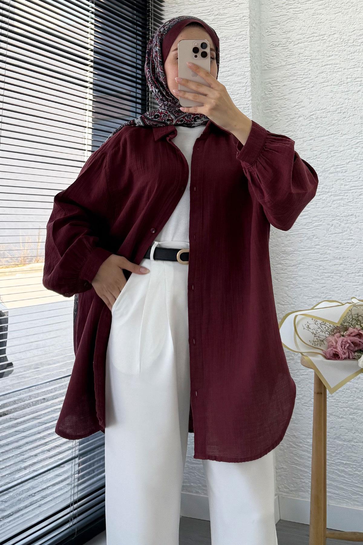 Boydan Düğmeli Oversize Müslin Tunik – Bordo