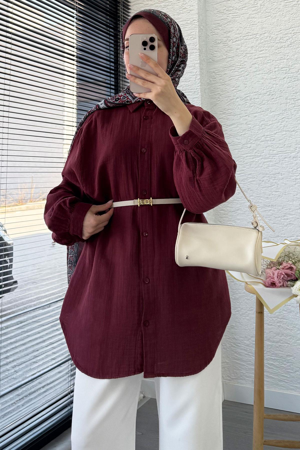 Boydan Düğmeli Oversize Müslin Tunik – Bordo