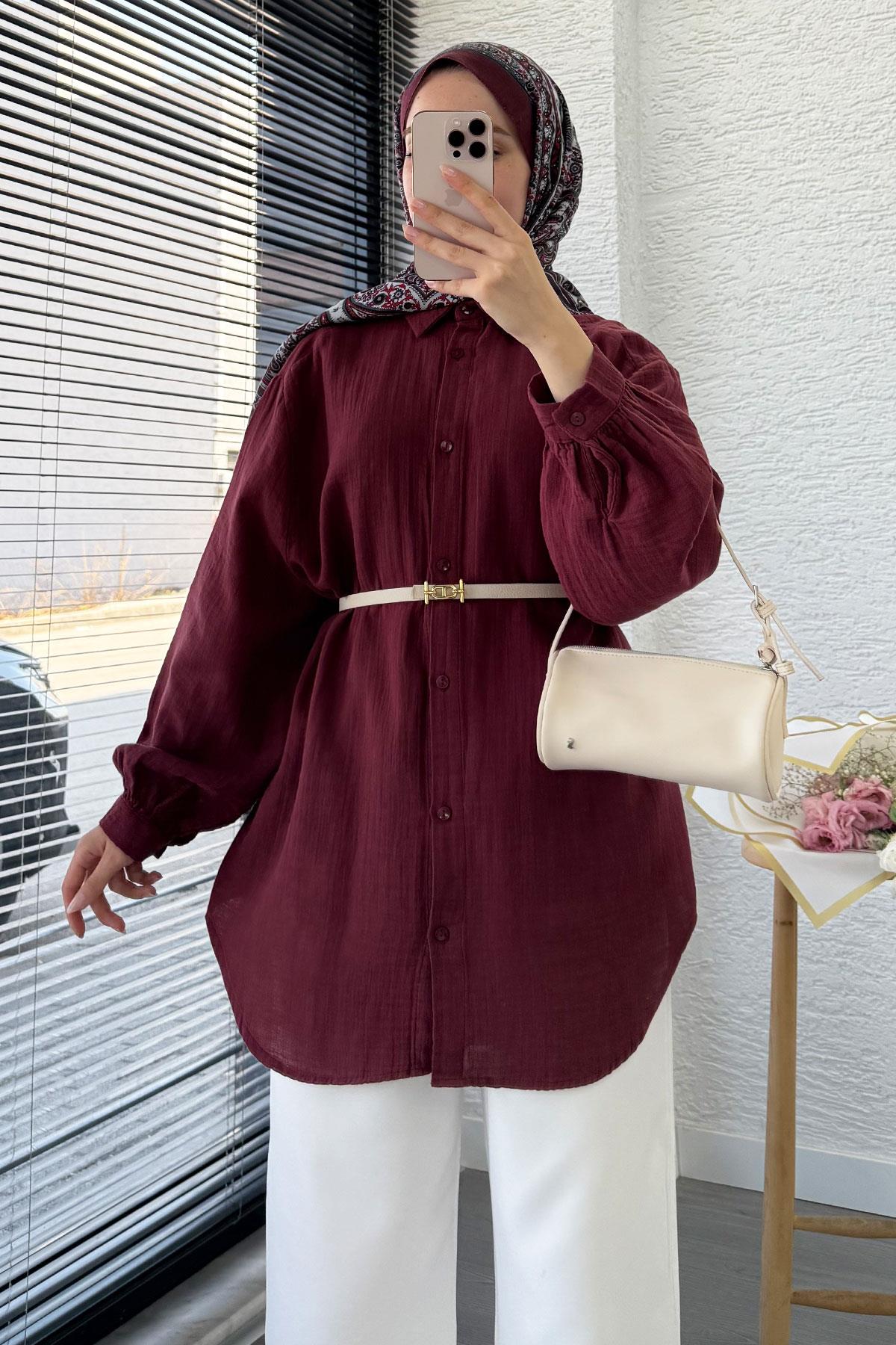 Boydan Düğmeli Oversize Müslin Tunik – Bordo