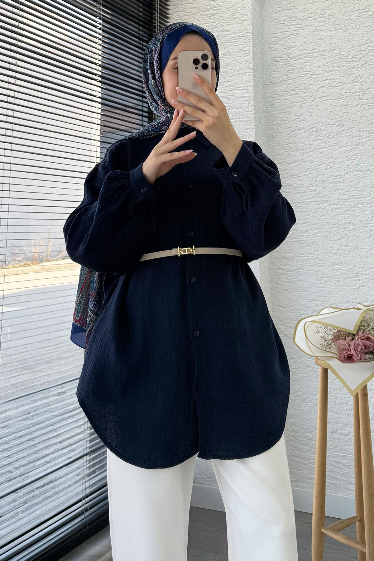 Boydan Düğmeli Oversize Müslin Tunik – Lacivert