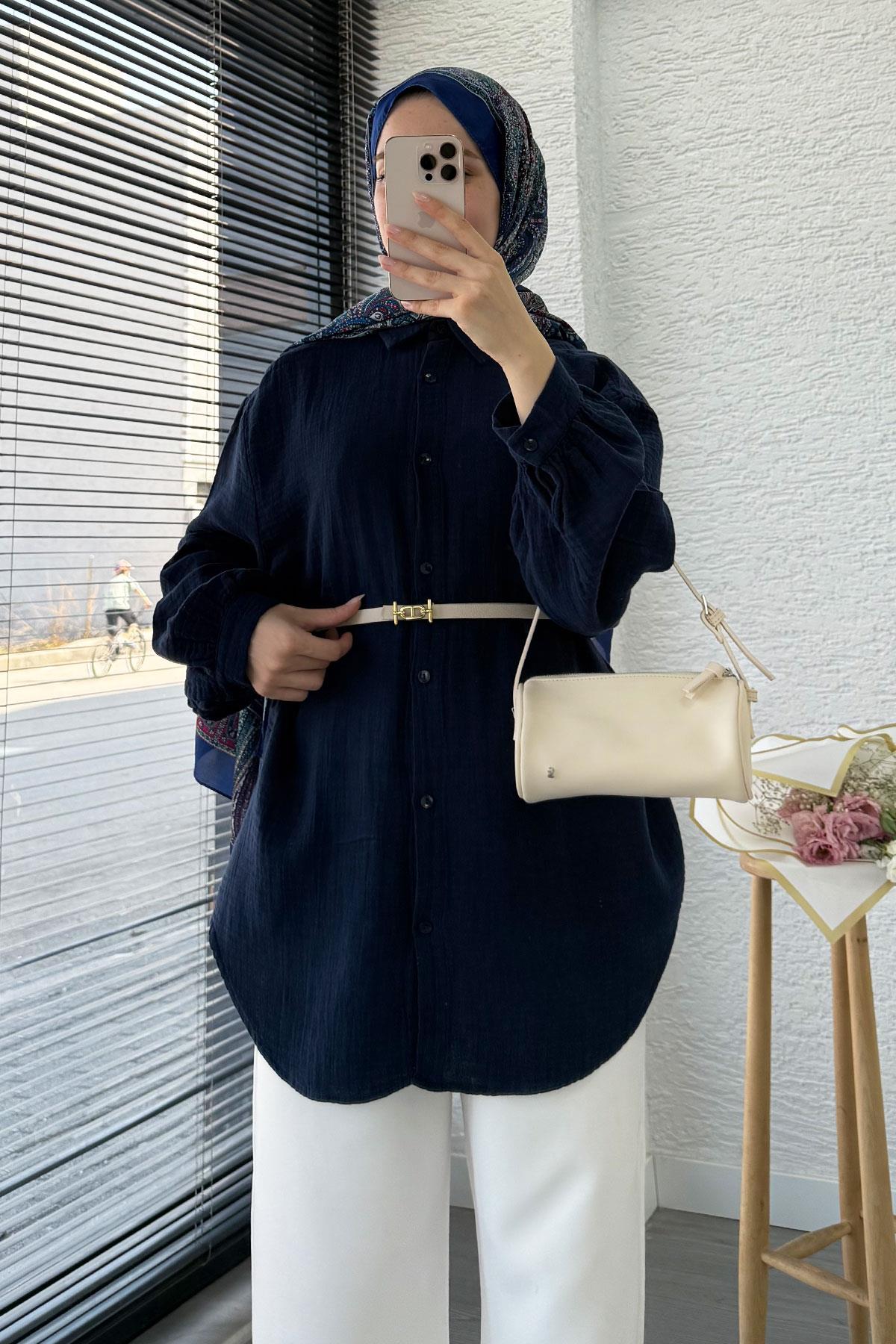 Boydan Düğmeli Oversize Müslin Tunik – Lacivert