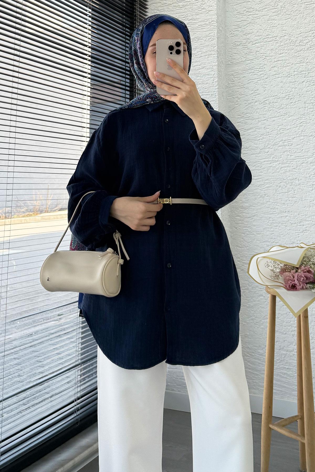 Boydan Düğmeli Oversize Müslin Tunik – Lacivert