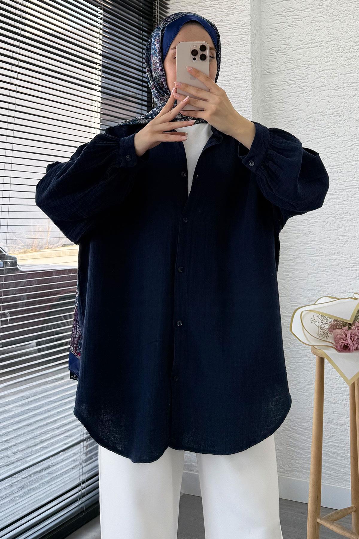 Boydan Düğmeli Oversize Müslin Tunik – Lacivert