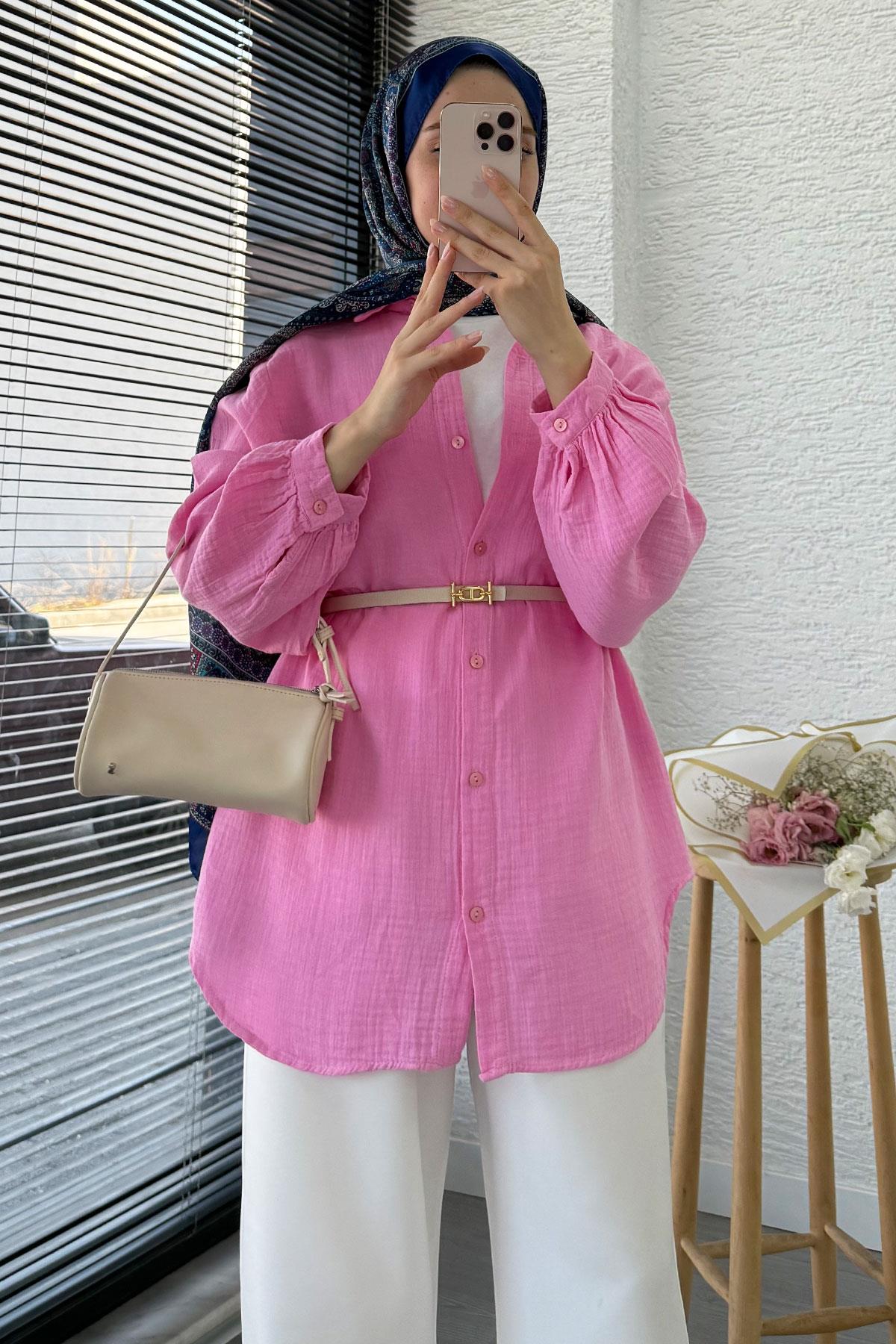 Boydan Düğmeli Oversize Müslin Tunik – Pembe