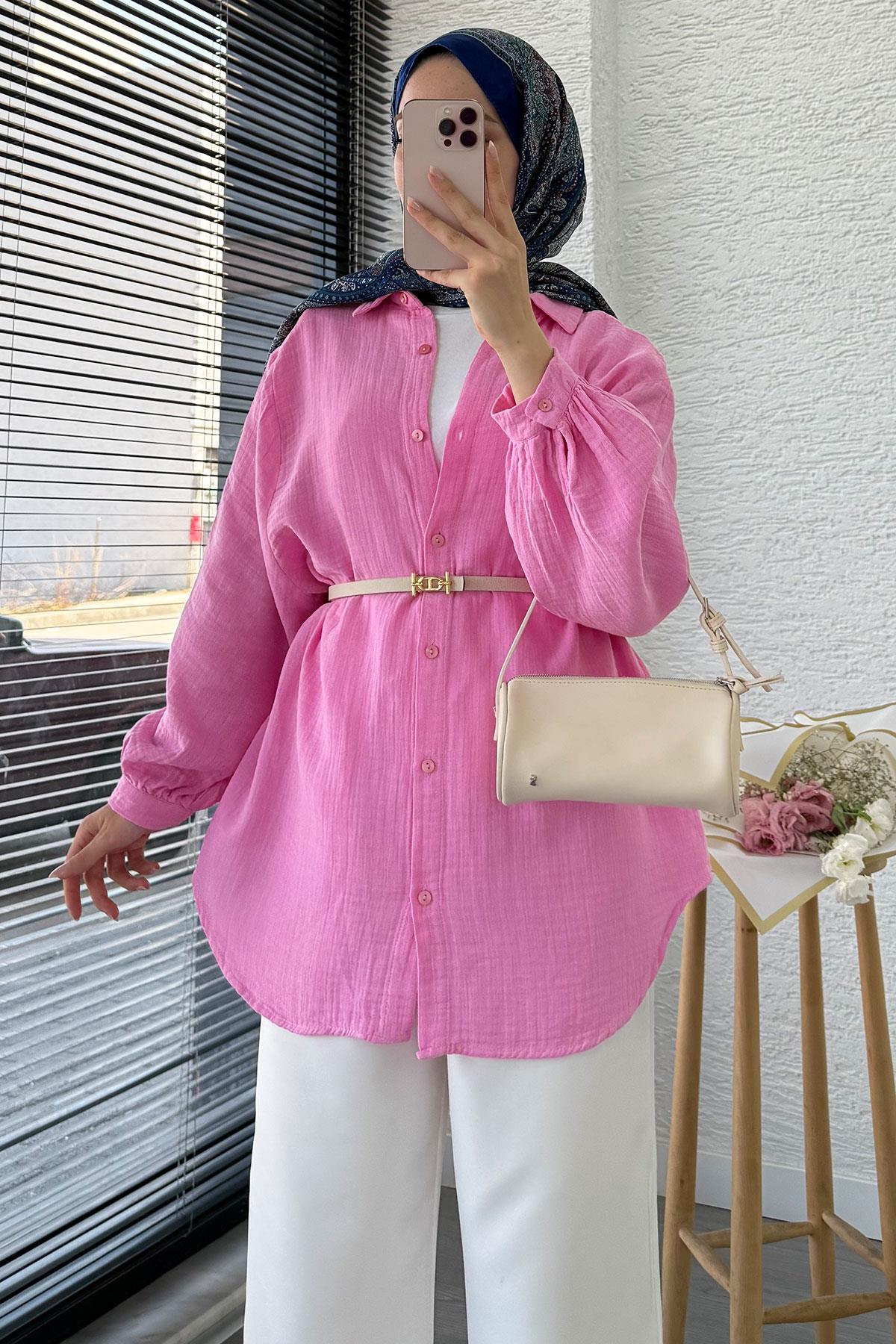 Boydan Düğmeli Oversize Müslin Tunik – Pembe