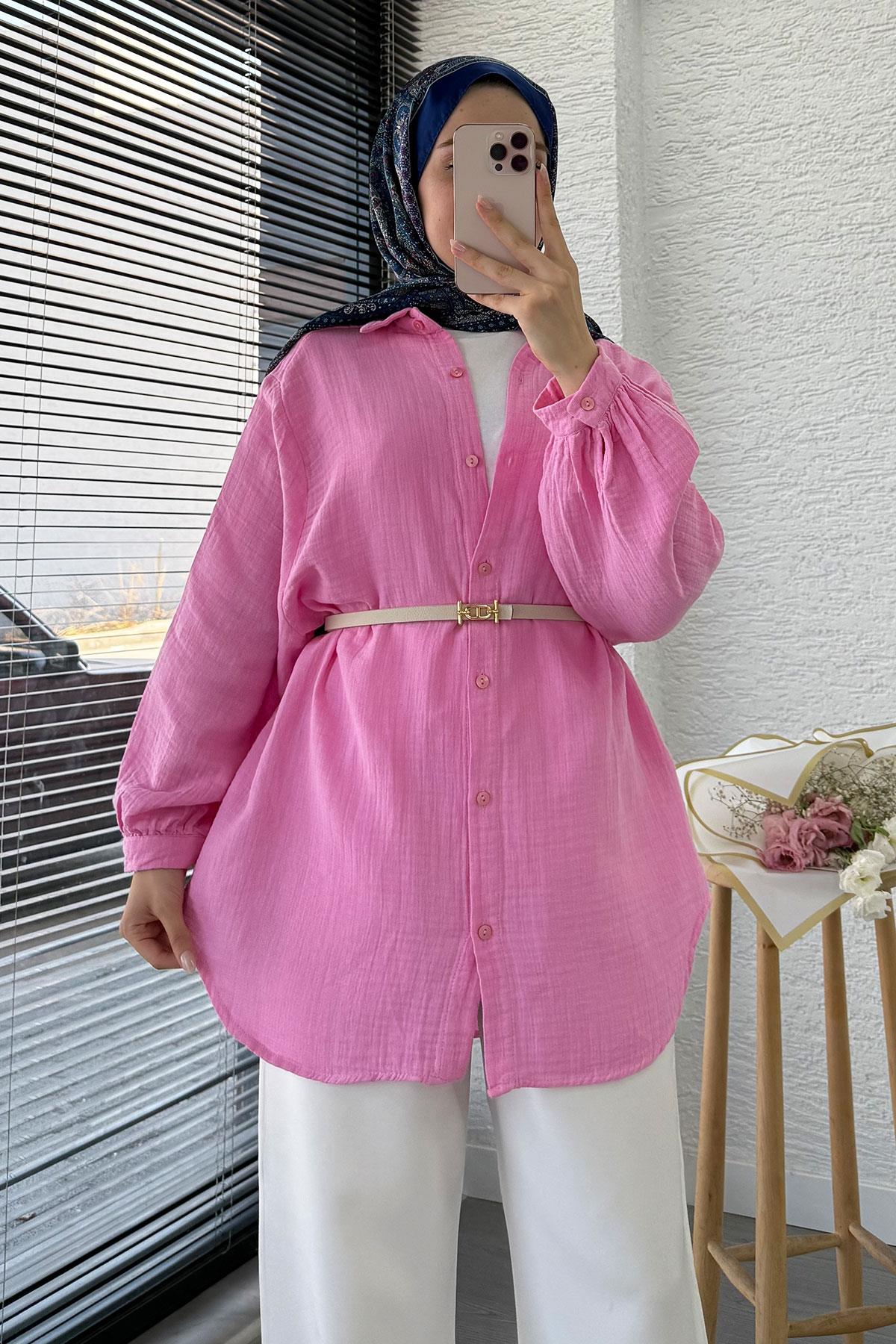 Boydan Düğmeli Oversize Müslin Tunik – Pembe