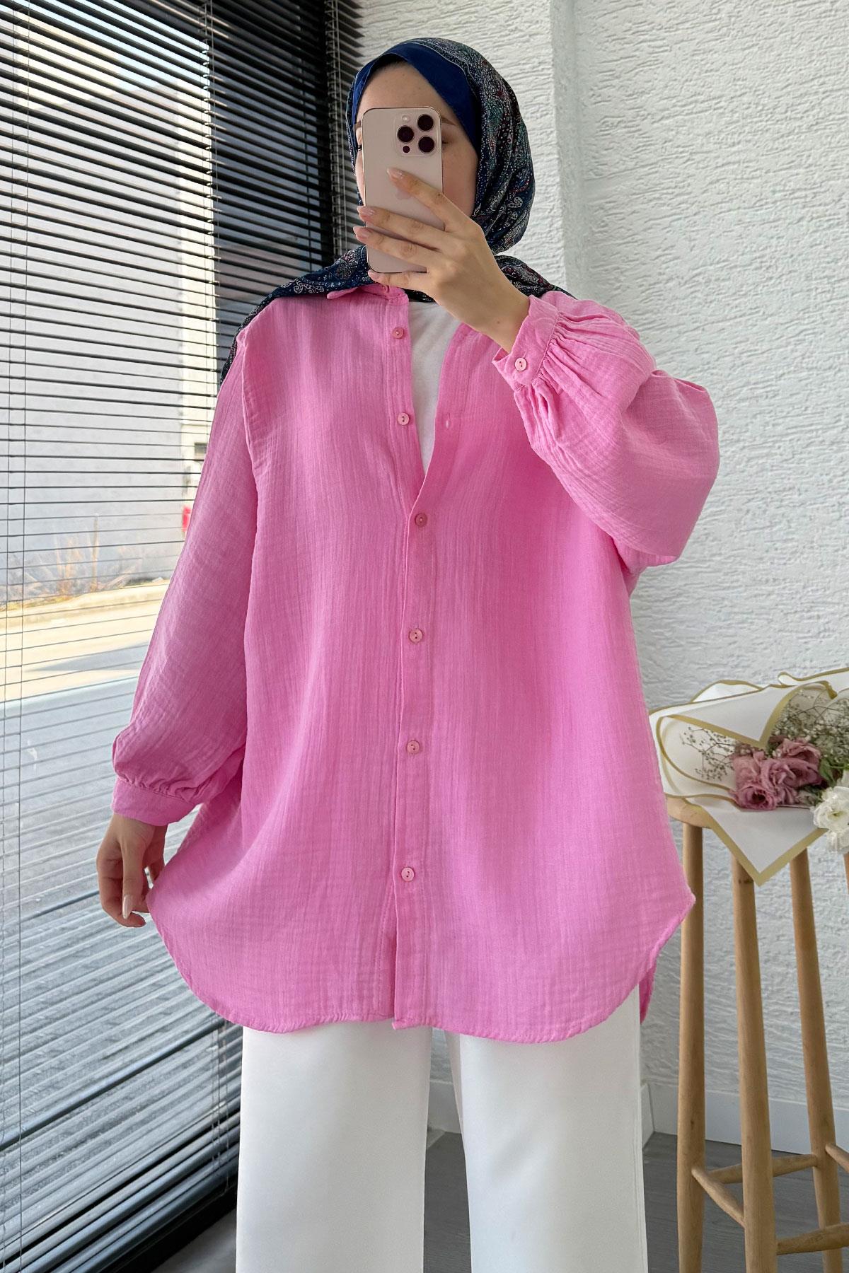 Boydan Düğmeli Oversize Müslin Tunik – Pembe