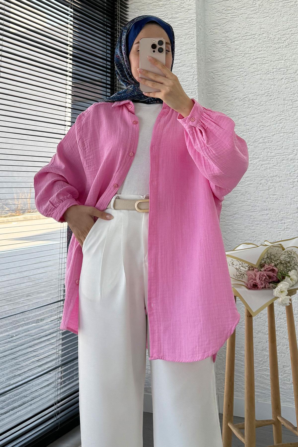 Boydan Düğmeli Oversize Müslin Tunik – Pembe