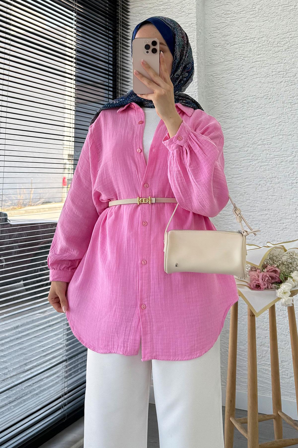 Boydan Düğmeli Oversize Müslin Tunik – Pembe