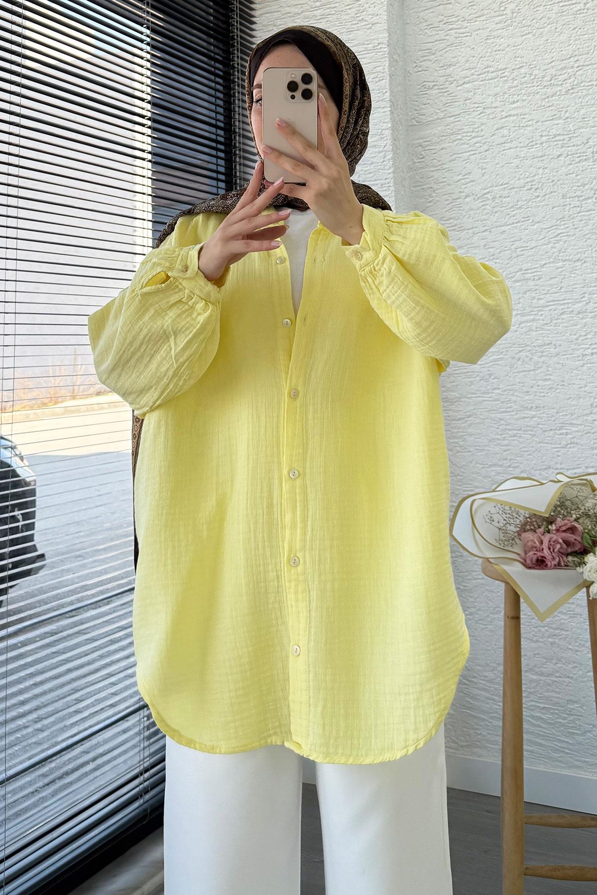 Boydan Düğmeli Oversize Müslin Tunik – Sarı