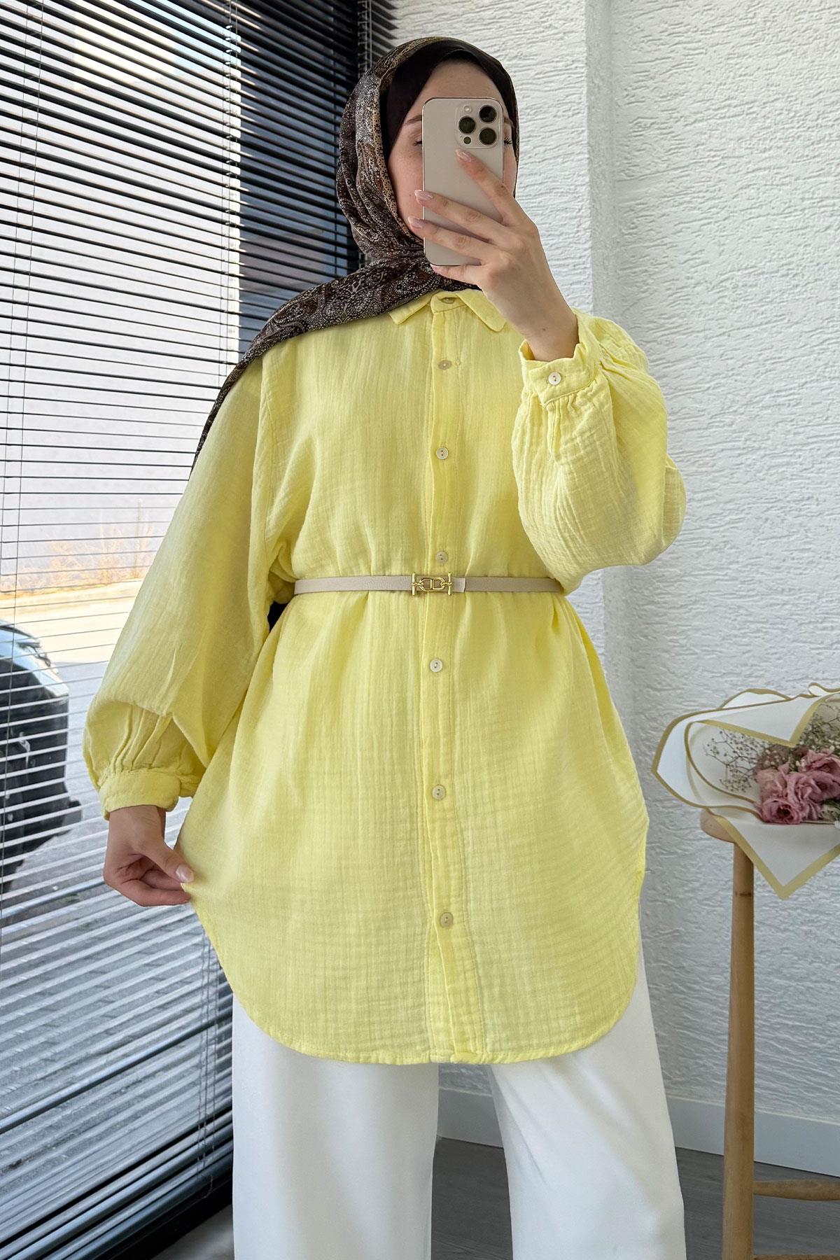 Boydan Düğmeli Oversize Müslin Tunik – Sarı