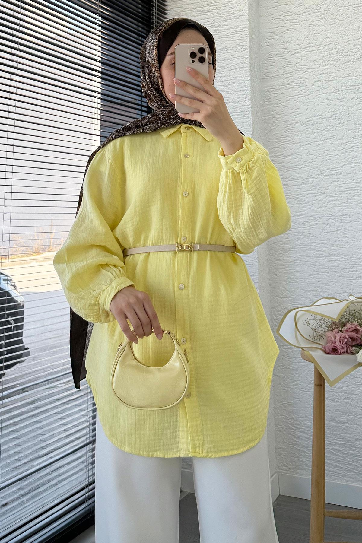 Boydan Düğmeli Oversize Müslin Tunik – Sarı