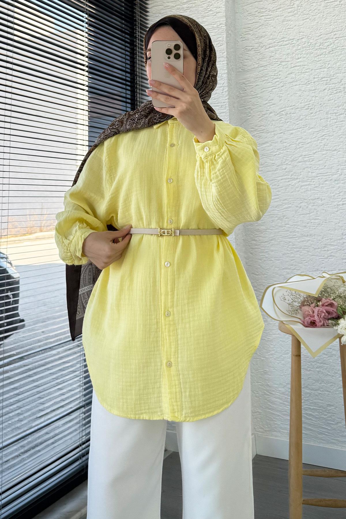 Boydan Düğmeli Oversize Müslin Tunik – Sarı