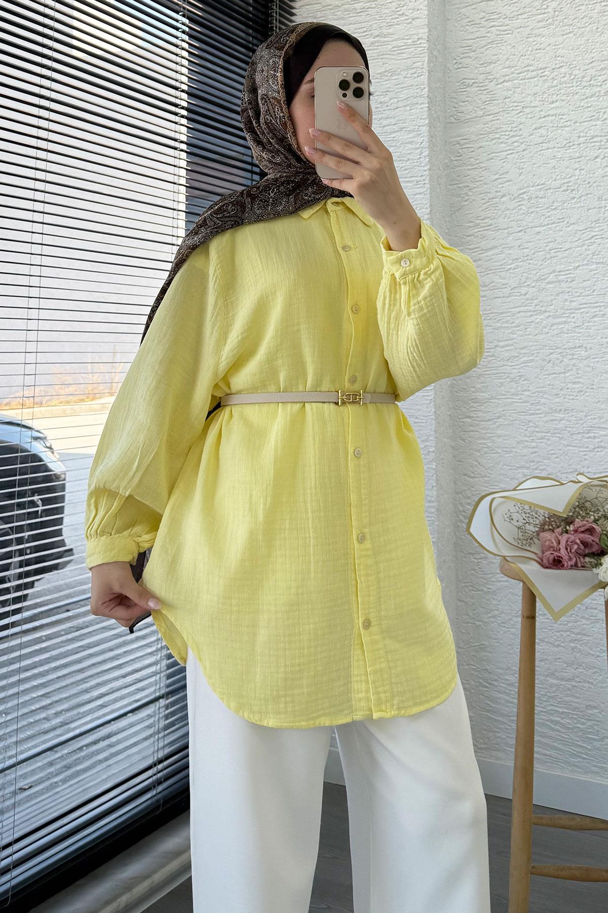 Boydan Düğmeli Oversize Müslin Tunik – Sarı