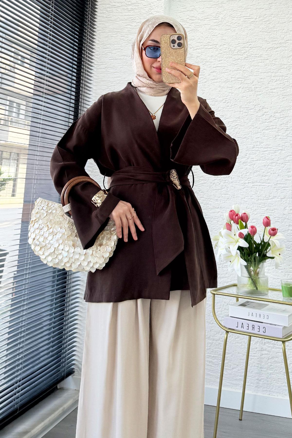 Bronş Kemerli Kruvaze Yaka Modal Kimono - Kahverengi