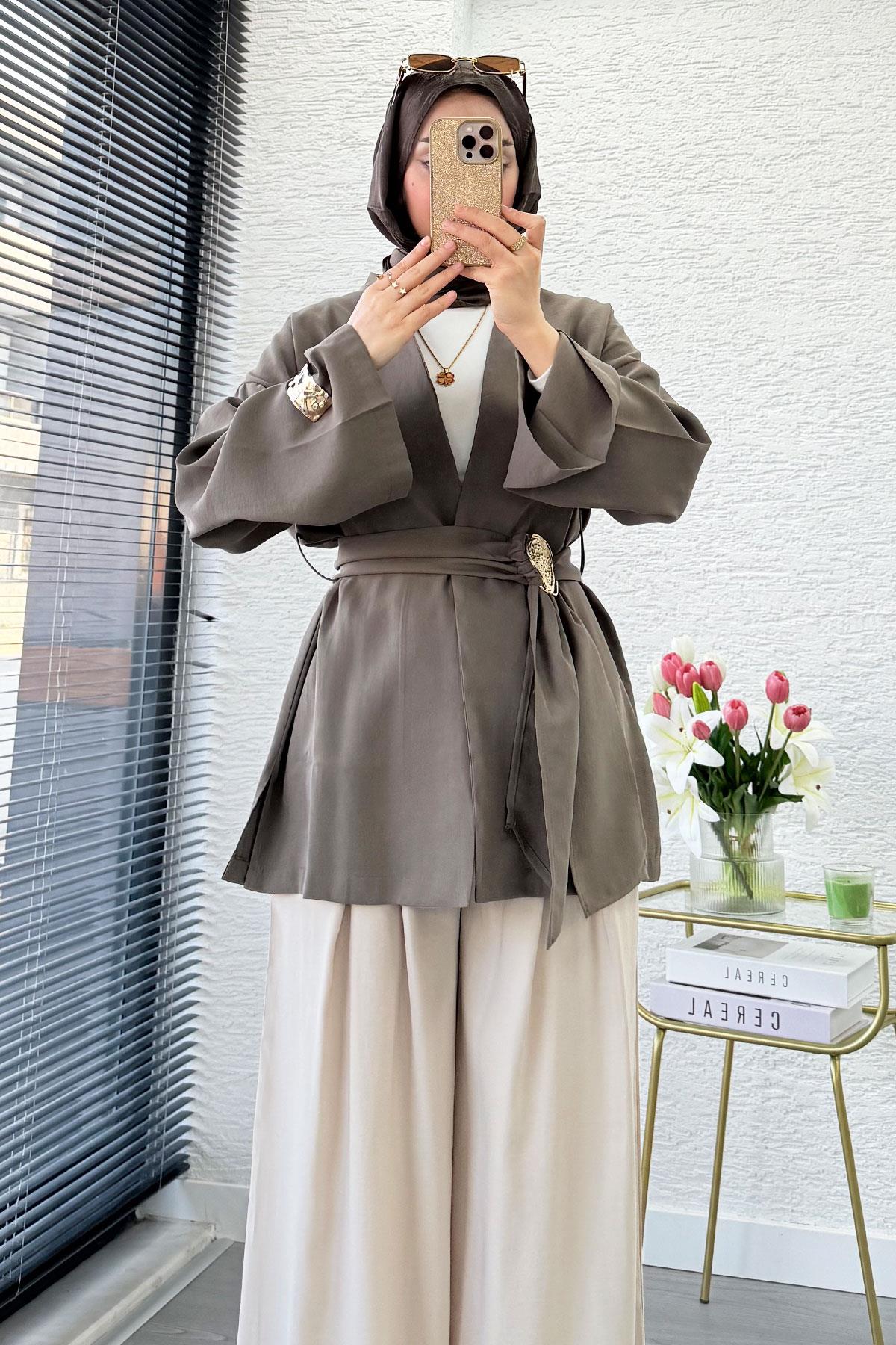 Bronş Kemerli Kruvaze Yaka Modal Kimono - Haki