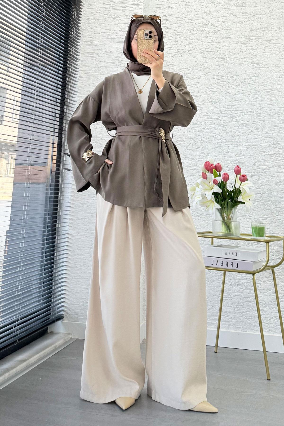 Bronş Kemerli Kruvaze Yaka Modal Kimono - Haki