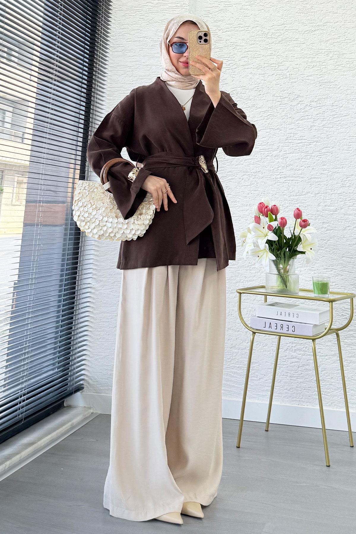 Bronş Kemerli Kruvaze Yaka Modal Kimono - Kahverengi