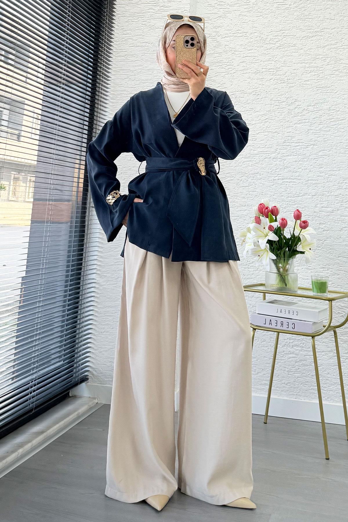 Bronş Kemerli Kruvaze Yaka Modal Kimono - Lacivert