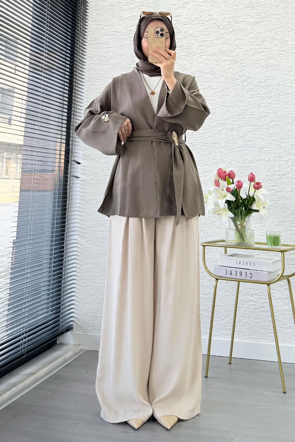 Bronş Kemerli Kruvaze Yaka Modal Kimono - Haki