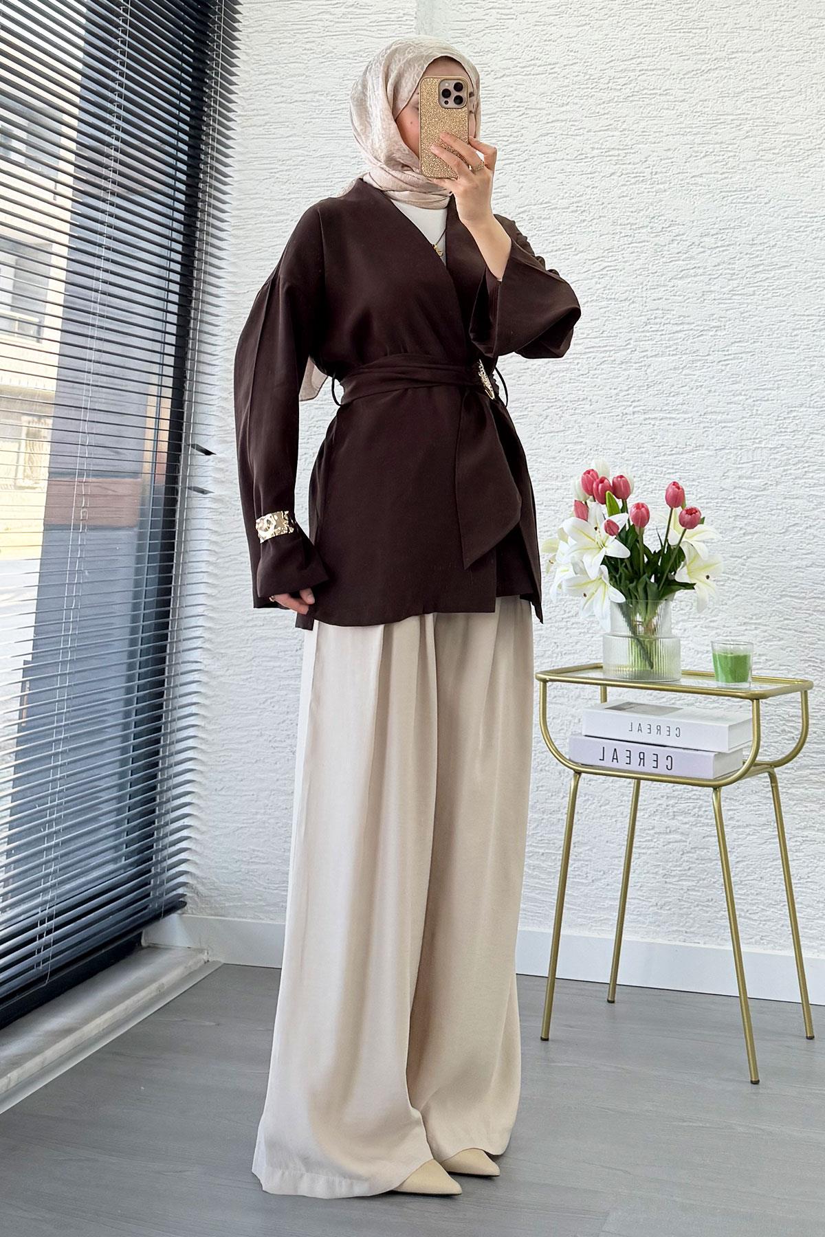 Bronş Kemerli Kruvaze Yaka Modal Kimono - Kahverengi