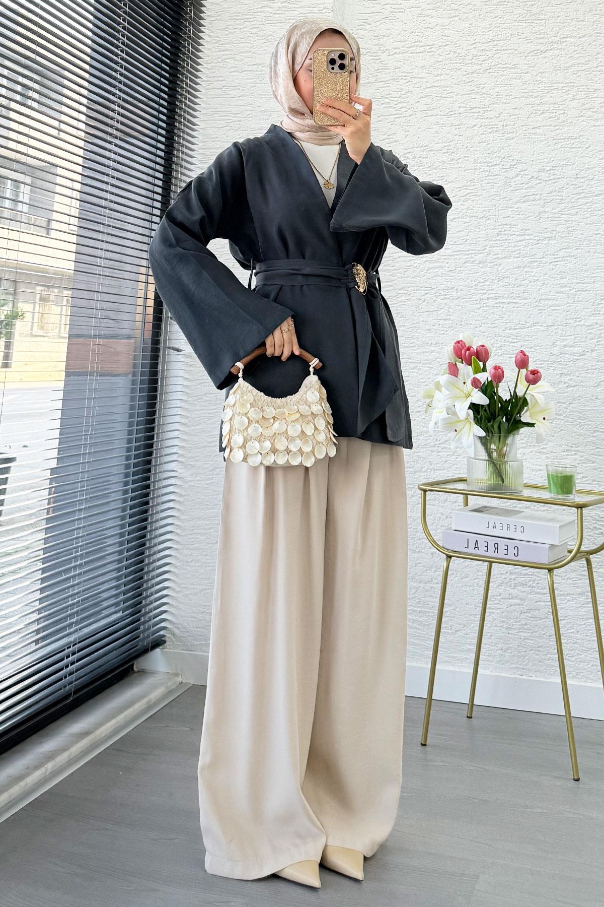Bronş Kemerli Kruvaze Yaka Modal Kimono - Füme
