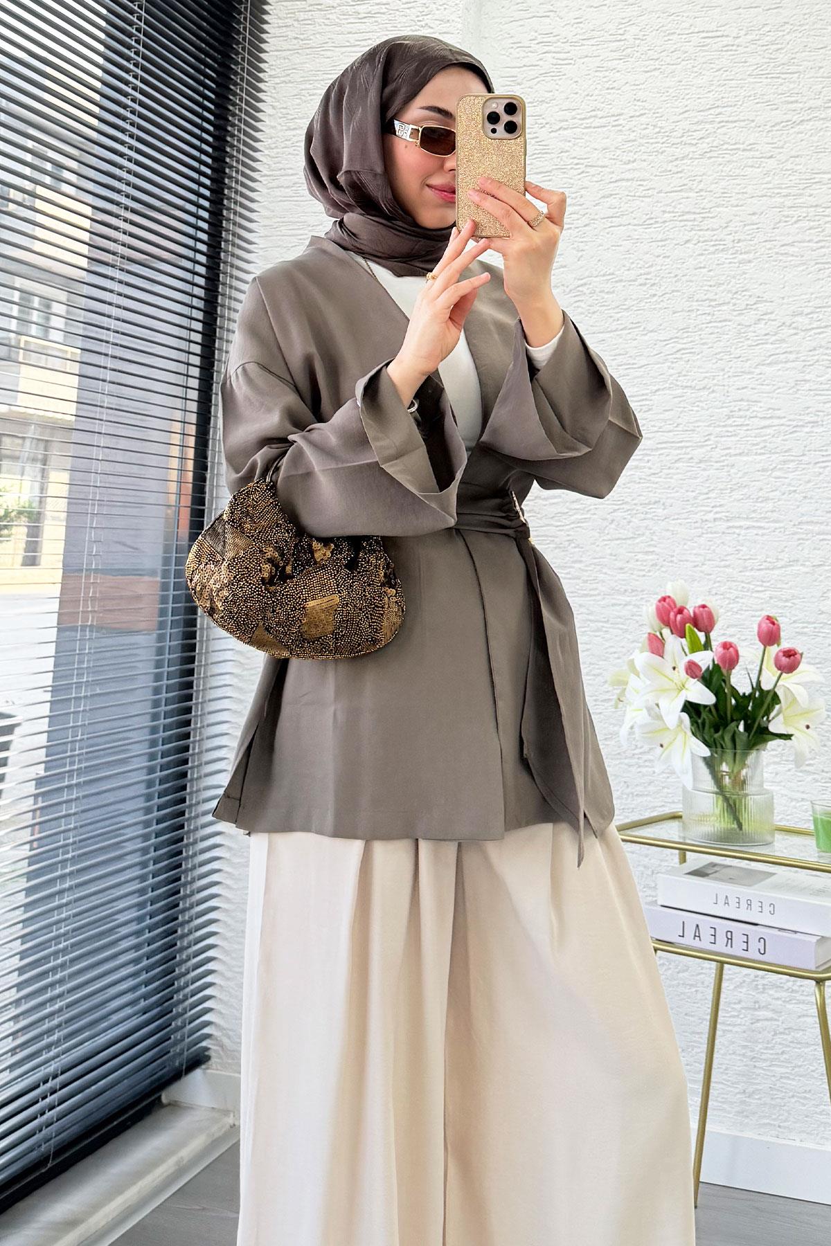 Bronş Kemerli Kruvaze Yaka Modal Kimono - Haki