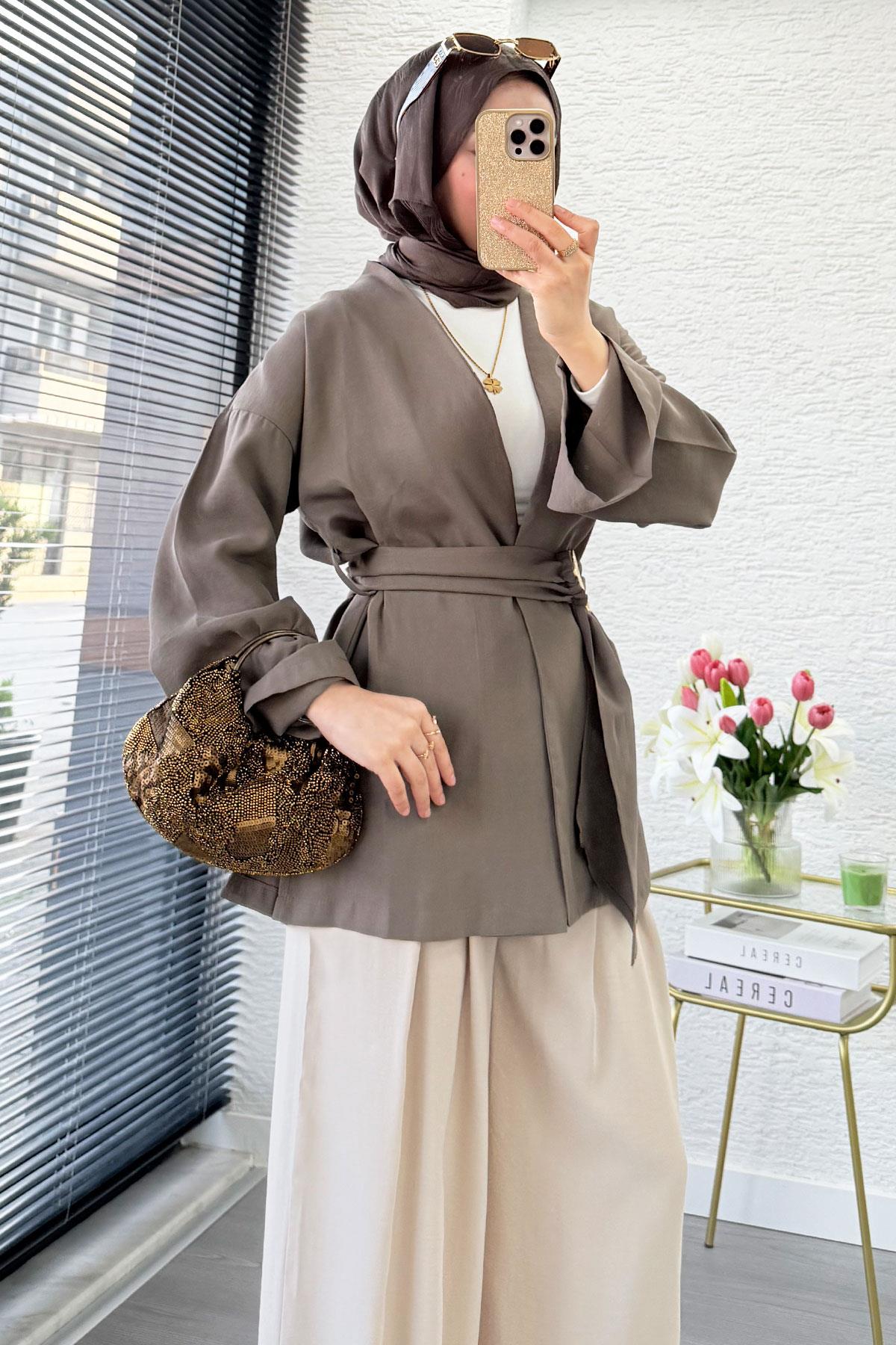 Bronş Kemerli Kruvaze Yaka Modal Kimono - Haki